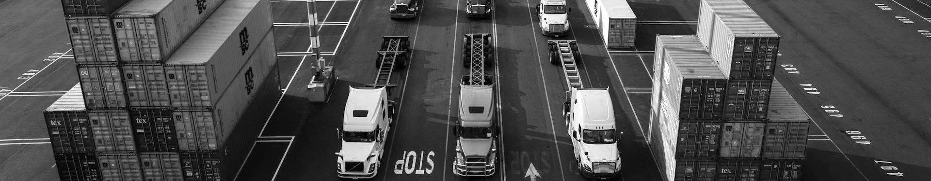 Vue de haut d'un terminal à conteneurs avec camions alignés, en attente de chargement - N&B
